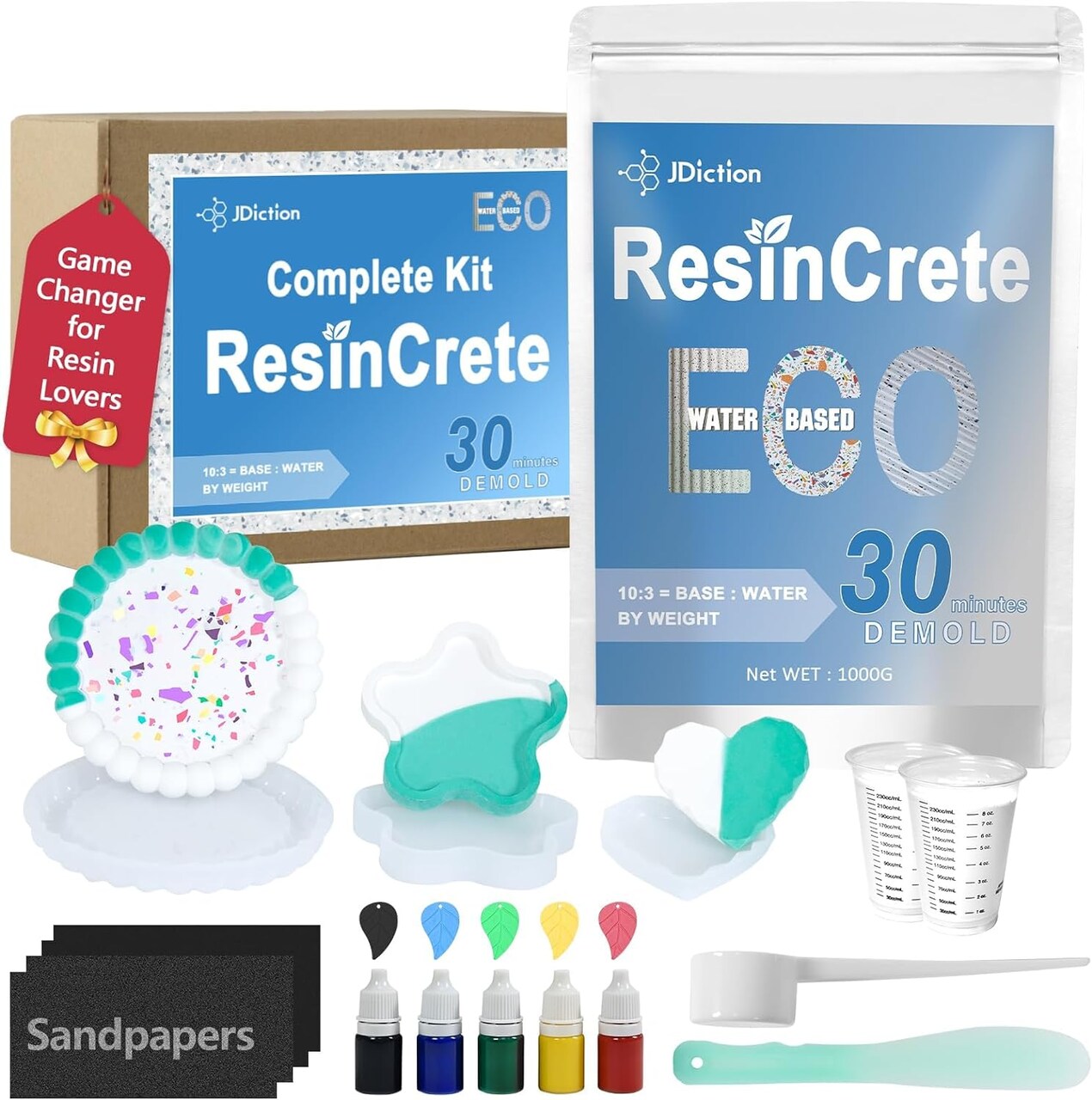 JDiction ResinCrete Kit, Complete Kit Easy for Beginners, 20-30Minutes Demold, Include Water-Based Eco-Friendly Casting Powder, Mold & Pigment, Easy Mix for Beginners DIY Home Decor